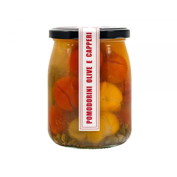 Don Antonio Pomodorini Olive e Capperi Gelbe und rote Kirschtomaten roh mit Oliven und Kapern